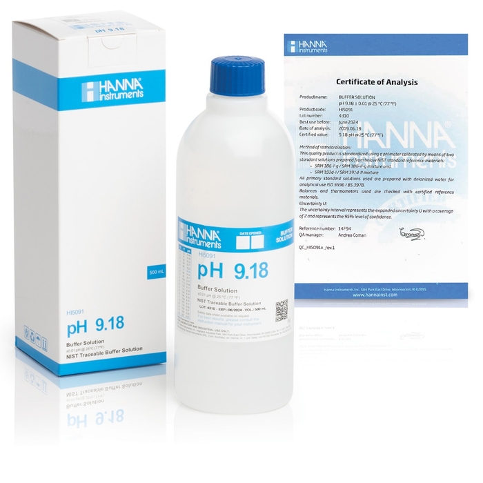 HI5091 Kalibračný roztok pH 9,18 s certifikátom, 500 ml